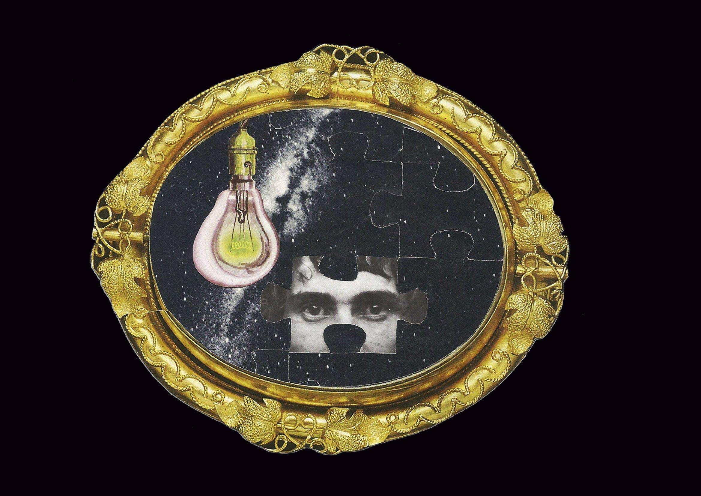 Collage de un rostro con una bombilla dentro de un marco dorado